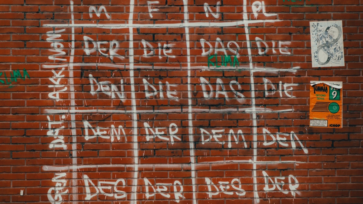 Murales che illustra gli articoli in tedesco: der, die e das